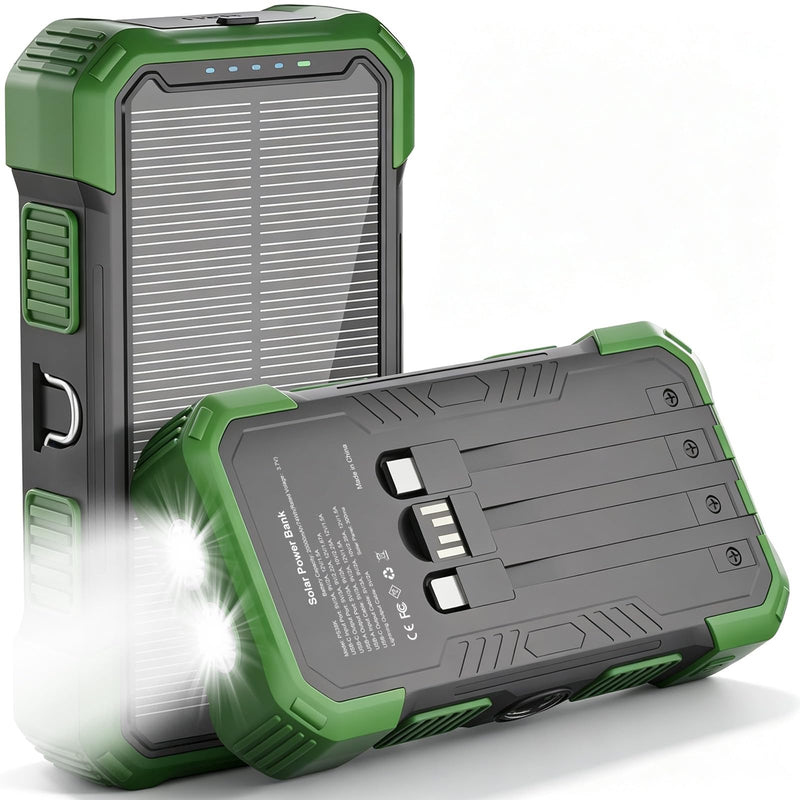 Solar Charger Power Bank 20000mAh, 22.5W Fast Charging Portable Charger with Built-in Cables, USB-C Battery Pack, Dual LED Flashlight, Compatible with iPhone & Android for Camping, Hiking, Emergency Green