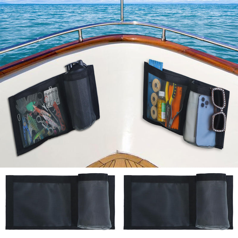 2 Pcs Boat Storage Mesh Bag with Cup Holder, 15.6"x 7.9" Self-Adhesive Boat Organizer Caddy for Marine Cabin Deck, Boat Storage Accessories with Strong Adhesive Backing, Keep Items Secure and Tidy ﻿