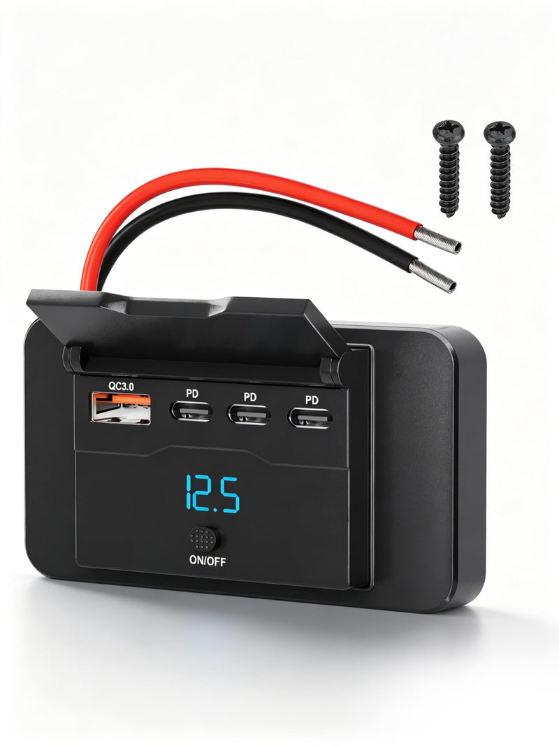 12V RV USB Outlet Wall Mount Panel: 40W 4 Ports USB Socket Car Charger | 3* 20W PD3.0 Type-C & 1* 18W QC3.0 Quick Charging with LED Light Power Switch for RV Truck Boat Golf Cart Marine Bus