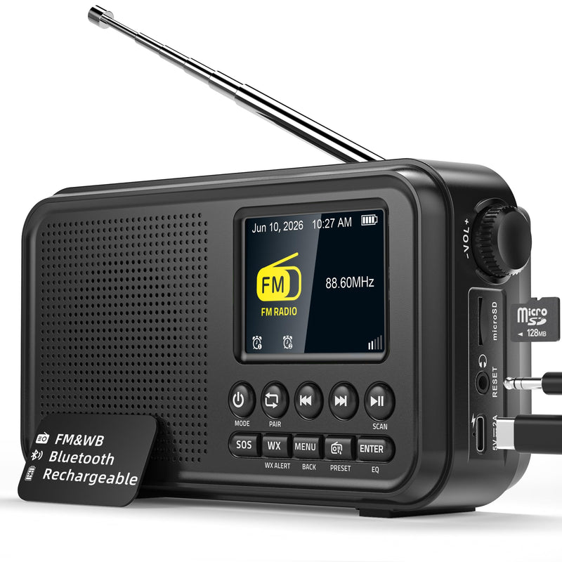Mesqool FM Radio, Portable Radio with Bluetooth & NOAA Weather Alert | Auto Scan, 40 Presets, 8W Sound, 2.4" Color Display, USB-C Charging, microSD Playback, Dual Alarms, Sleep Timer, 6 EQ Modes Black
