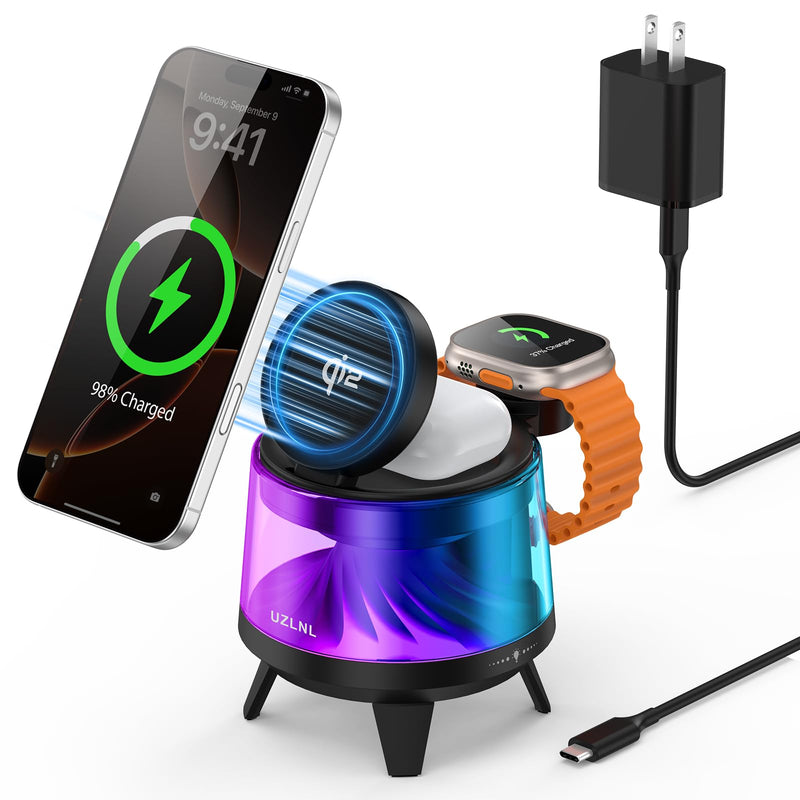 3 in 1 Wireless Charging Station for Apple Devices,Mag-Safe Charger Stand,Magnetic Wireless Charger Station,RGB Ambient Light,for iPhone 17 Pro Max 16 15 14 13 12,AirPods & Apple Watch Series