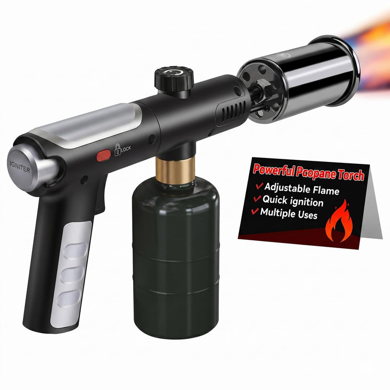 Powerful Propane Torch Gun, One-Touch Max Fire, Charcoal Torch Lighter with Adjustable Flame&Safety Lock, Kitchen Blow Torch for Cooking, BBQ, Searing Steak, Grill (Tank Not Included)