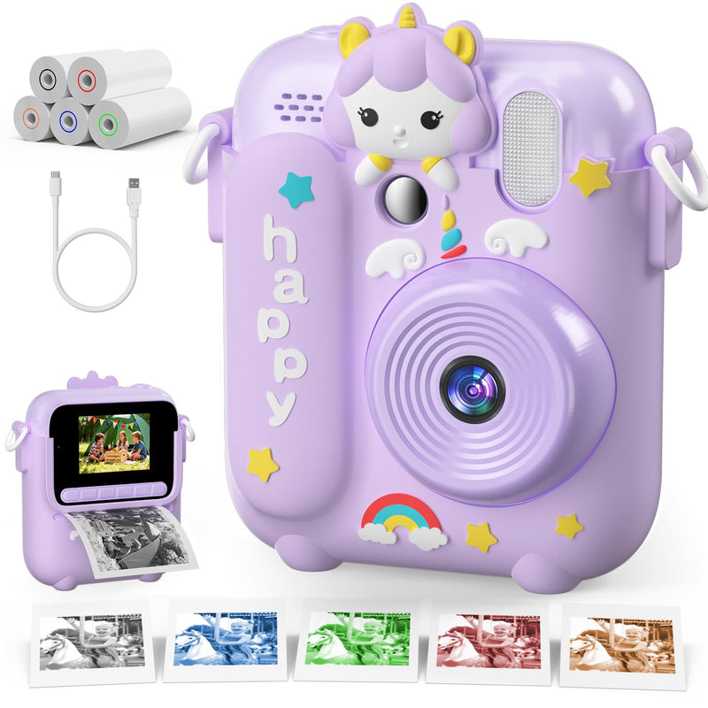 Kids Camera Instant Print, 3 4 5 6 7 8 9 10 11 Year Old Girl Birthday Gift | 1080P HD Video Digital Instant Camera for Kids with Silicone Cover & 5 Rolls of Printer Paper (Purple) Purple