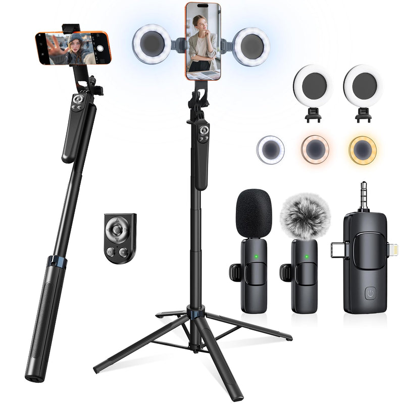 Content Creator Essentials Vlogging Kit for iPhone, Tripod & Wireless Mic | 71" Tripod with light, remote, selfie stick, phone stand. Designed for TikTok, YouTube, video recording