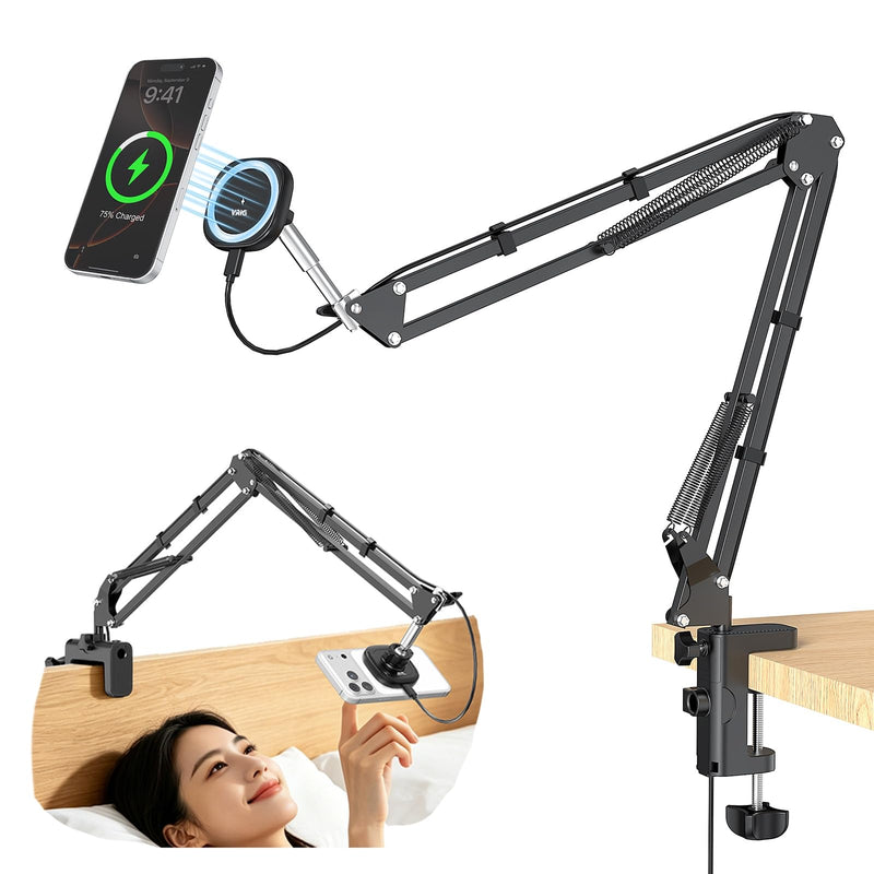 VRIG Magnetic Wireless Charger Phone Stand for Bed Desk Flexible Long Arm | Magsafe Overhead Phone Mount Stand for Desk, Adjustable Bedside Laying Down Magic Arm Clamp for iPhone, Vlogging, Drawing Wireless Charger Stand