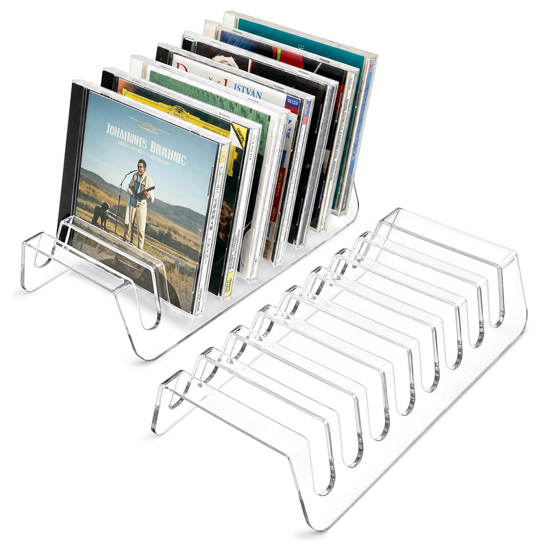 2 Pcs Clear Acrylic CD Holder, DVD/CD Display Rack & CD Storage Box & Vinyl Record Storage Stand Holds up to 14 Standard CD Cases for Media Shelf Storage and Organization