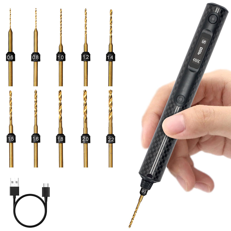 ARROWSPACE Mini Electric Drill, Smart Precision Hand Drill with OLED Display, Carbon Fiber Body, 5-Speed 900RPM High Torque, 10 HSS Bits for Resin, Jewelry Making, Wood, DIY, Black
