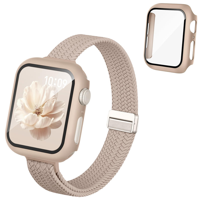 Knossen Slim Band and Case Compatible with Apple Watch Bands for Women 40mm | 3-in-1 Thin Magnetic Stretchy Strap and Screen Protector Cover, for iWatch Series 4-11/SE/SE2/SE3 42mm 41mm 44mm 45mm 46mm Milk Tea 40mm(series SE 6 5 4)