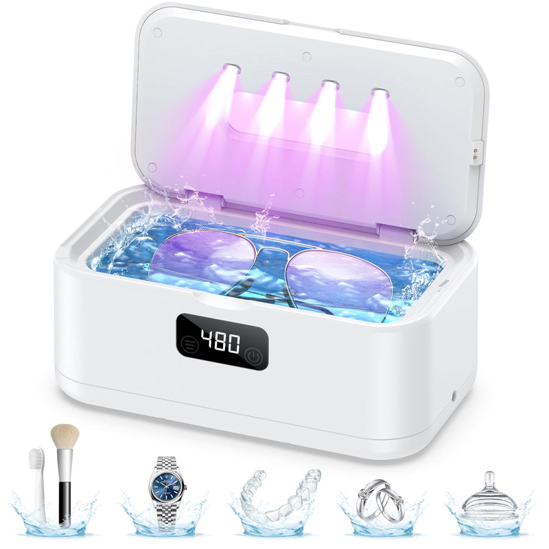Ultrasonic Jewelry Cleaner, 50Khz Jewelry Cleaner Ultrasonic Machine for Jewelry, Eyeglasses, Rings, Watch Strap, Dentures, 24oz - 304 Stainless Steel Tank, Digital Timer White