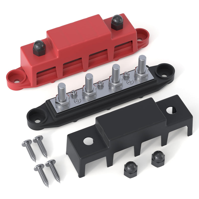 Bus Bar 12V 250A Power Distribution Block 4 x 5/16"(M8) Studs | Marine Bus Bar, 12 Volt Battery Busbar, Terminal Block, Automotive, Car, Boat, Solar Wiring, Positive & Negative Red&Black 250A 4 x 5/16(M8) Studs