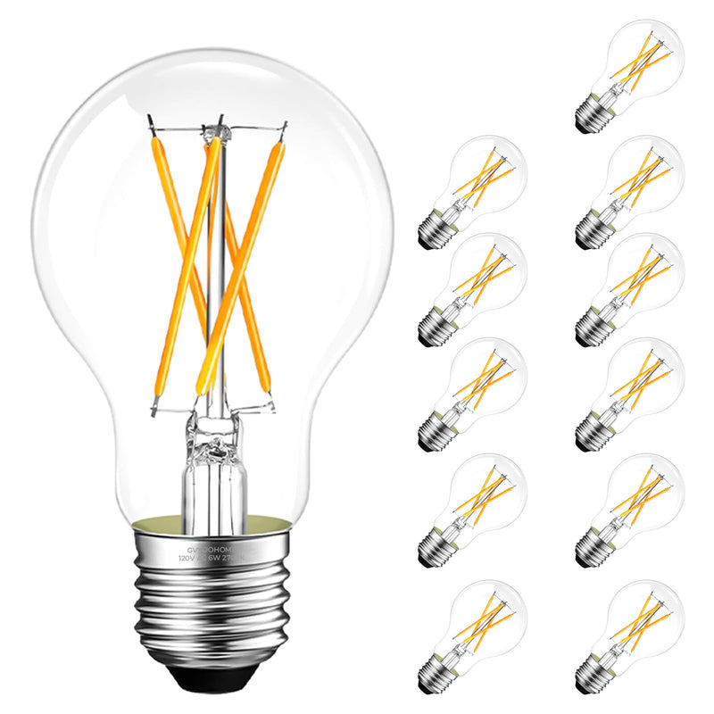 GvvooHome A19 E26 LED Light Bulbs 60 Watt Equivalent, 6W Energy Saving, Dimmable Clear Glass Edison Bulbs, 2700K Warm White Vintage Filament Bulbs, 90+ CRI, 600 Lumens, for Pendant Lights, 12 Pack