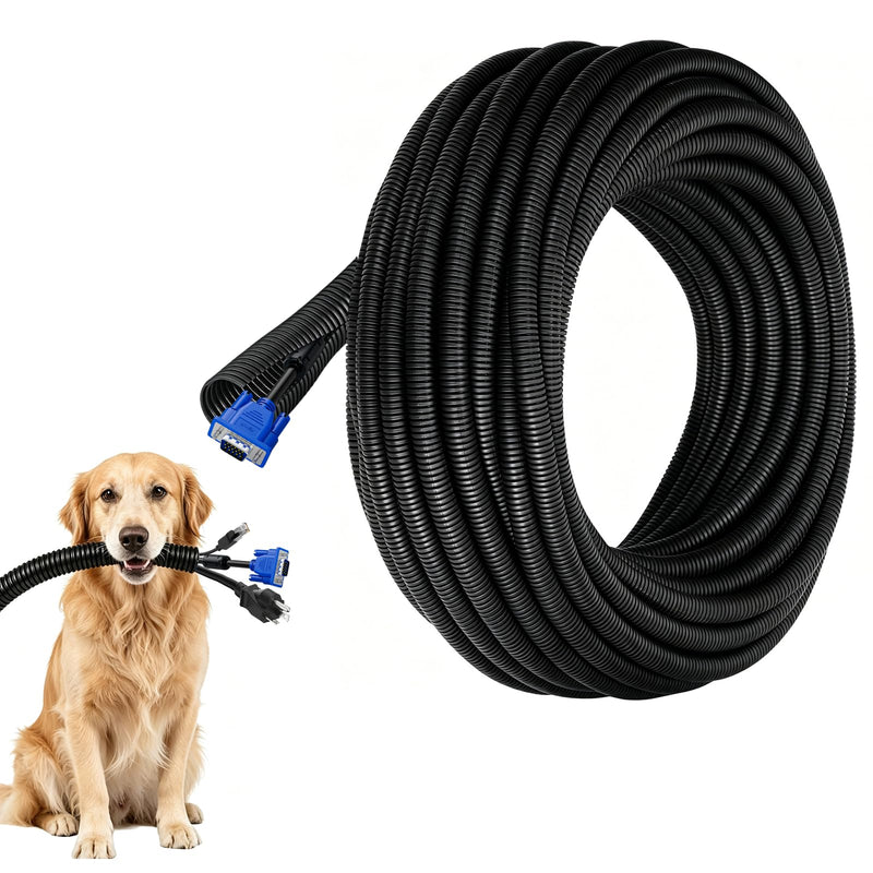 3/5" Wire Loom,Cable Sleeve for Cats, Dogs, Rabbits (3/5" x20 FT - Black) | Open slit,100% new Polypropylene,-22°F to 257°F,cord protectors from pets no chew,wire covers 3/5"x 20 FT - Black
