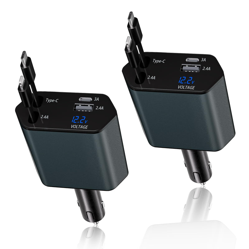 66W Retractable Car Charger Fast Charging,4 in 1 Car Charger USB Fast Charge with Retractable USB C Cable + Lightning Cable,USB C Port and USB A Port Car Phone Charging for iPhone 17/16/15/14/13,iPad