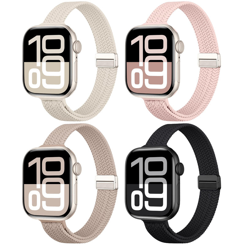 4 Pack Slim Stretchy Bands Compatible with Apple Watch 40/41/42/38mm Women | Breathable Braided Sport Strap with Magnetic Clasp for iWatch Series 11 10 9 8 7 6 5 4 3 SE 2 Black/Starlight/Pink/Milk Tea 38mm/40mm/41mm/42mm-Series 10/11