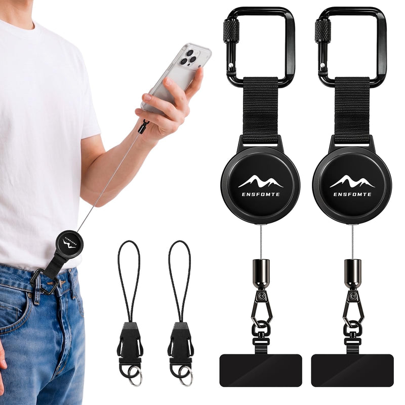 Anti-Theft Phone Tether, Black (2 Pack) | Phone Lanyard Retractable Steel Line & Locking Carabiner, Phone Strap Metal Tether Tab for Climbing Fishing Skiing Hiking Black-2 Pack