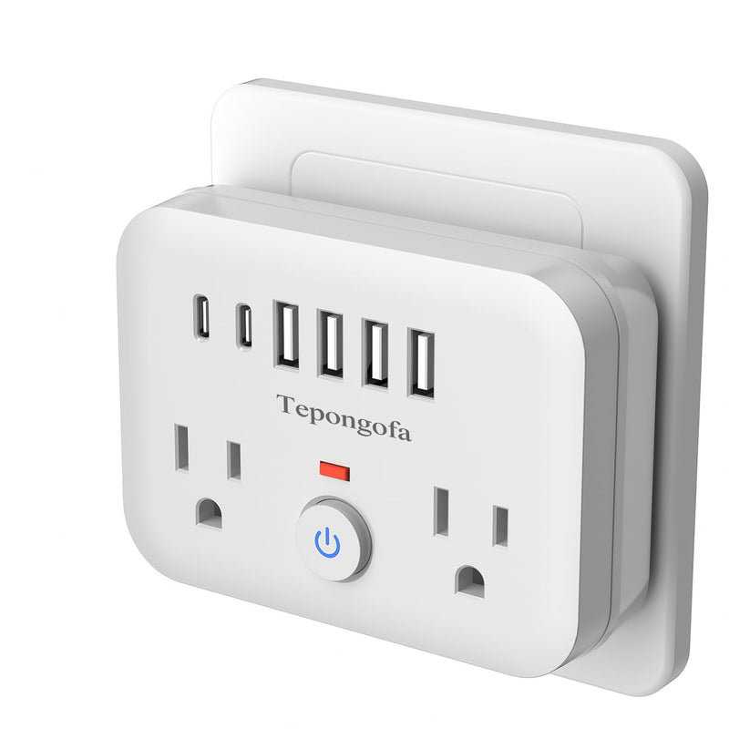 Wall Charger,Surge Protector Outlet Extender, Multi Plug Splitter with 2 Electrical Outlets 4 USB Ports(2 USB C), Multiple Plug Mini Wall Expander for Home Bathroom Office Dorm Room Essentials (White) White