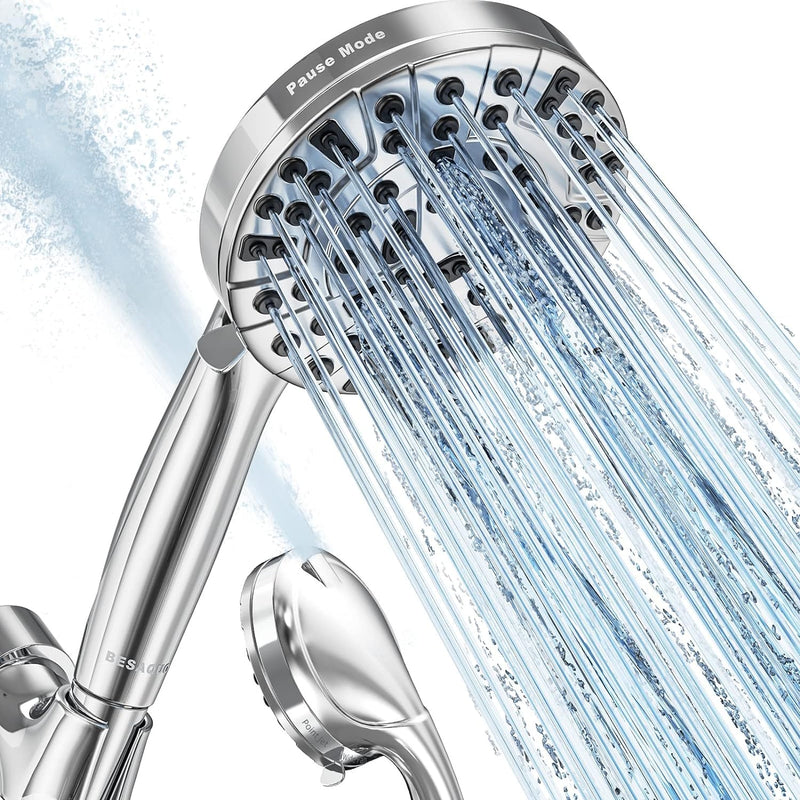 BESAQUO Shower Head, 9 Settings High Pressure shower head with handheld, Built-in Pause Mode & Power Wash, Non-Clogging Nozzles, 6ft Hose,Bracket(Premium Chrome, 14591)