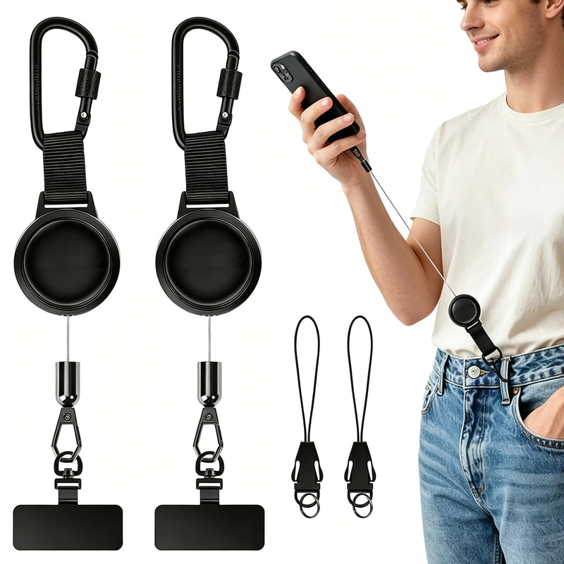 2Pack Anti theft Phone Tether, Retractable Phone Lanyard with Steel Cable, Locking Carabiner & 360° Swivel, Universal Phone Tether Tab for Outdoor Skiing Hiking Climbing Fishing, Black