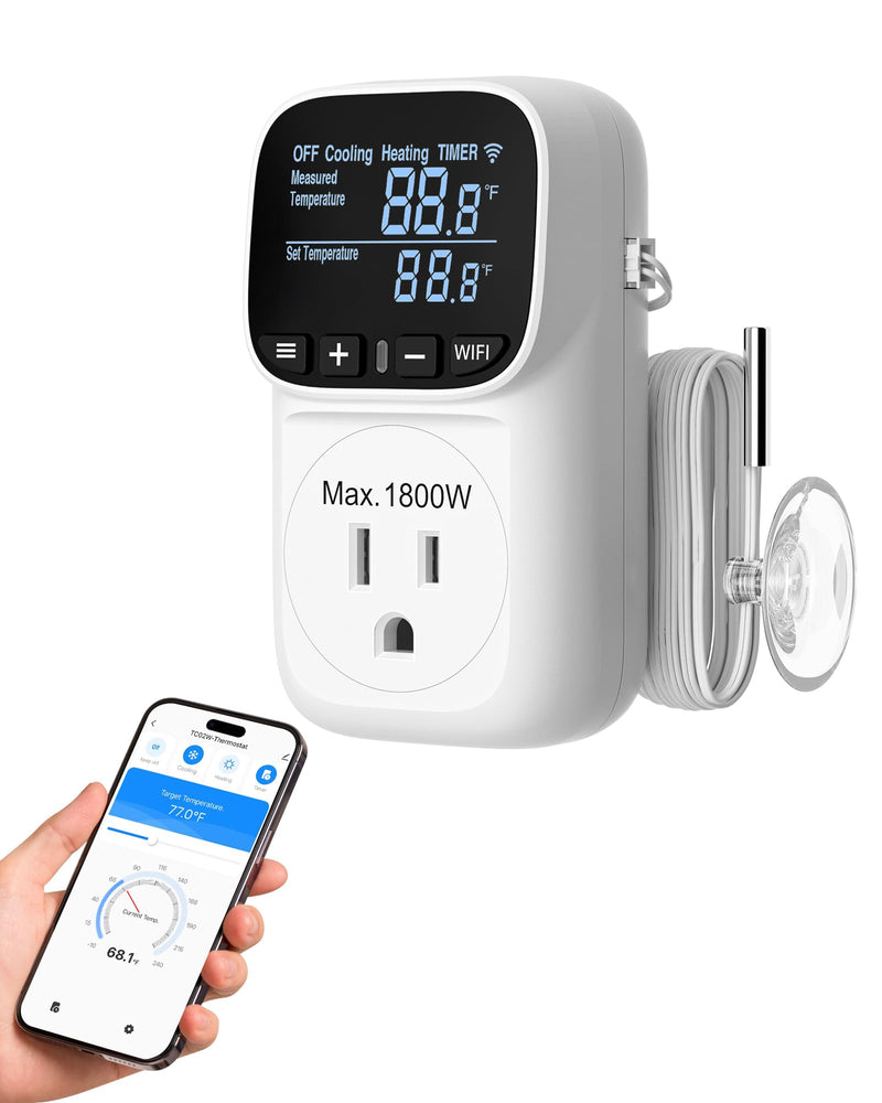 DEWENWILS Smart Temperature Controller, 15A 1800W WiFi Temperature Controller Outlet with Schedule Timer & Memory Function, VA Display & -4℉-240℉ Smart Thermostat for Reptile, Greenhouse, Incubator