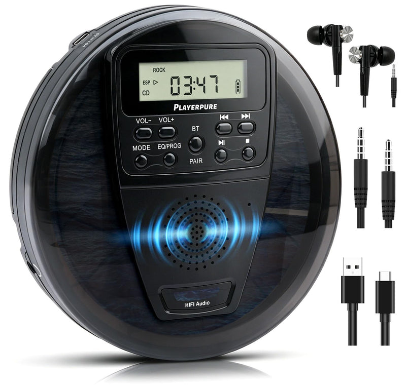 Portable CD Player with Bluetooth and Speaker, 10H Playtime Rechargeable Personal CD Player, HiFi Stereo Sound, 60s Anti-Skip Protection, PROG Playback & EQ Modes, Headphones and AUX Cable Included Black