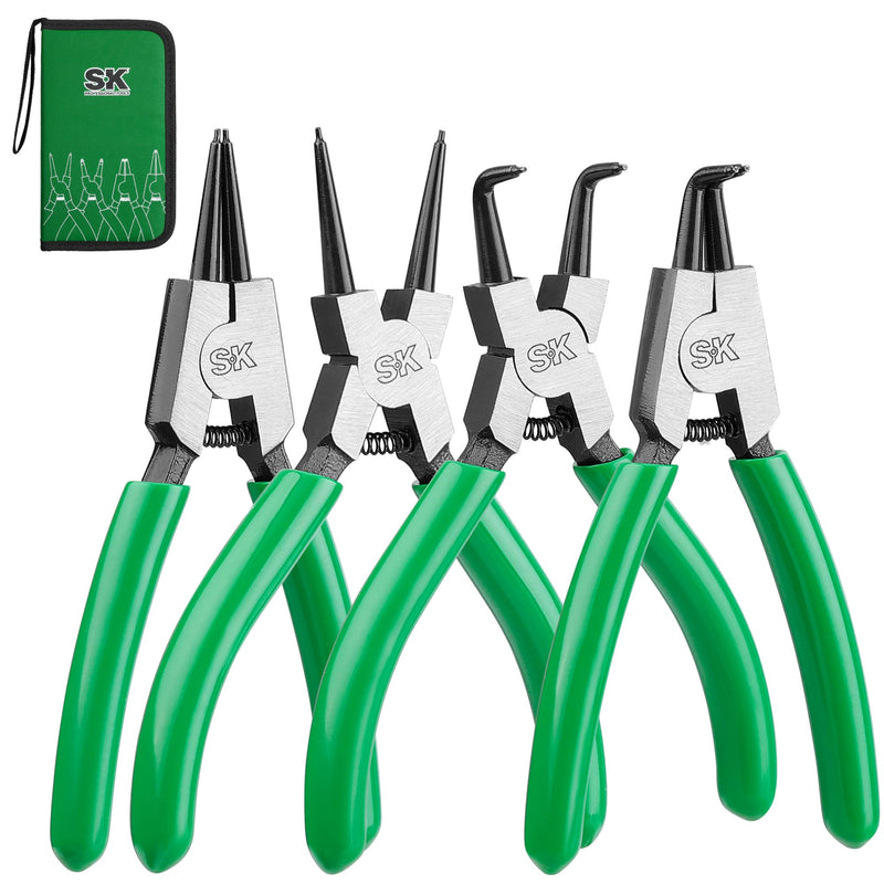 SK 4-Piece Snap Ring Pliers Set, 5-Inch Internal/External Circlip Pliers with Straight/Bent Jaw, 0.035'' Precision Tip Diameter, Premium CR-V Steel, with Zipper Pouch