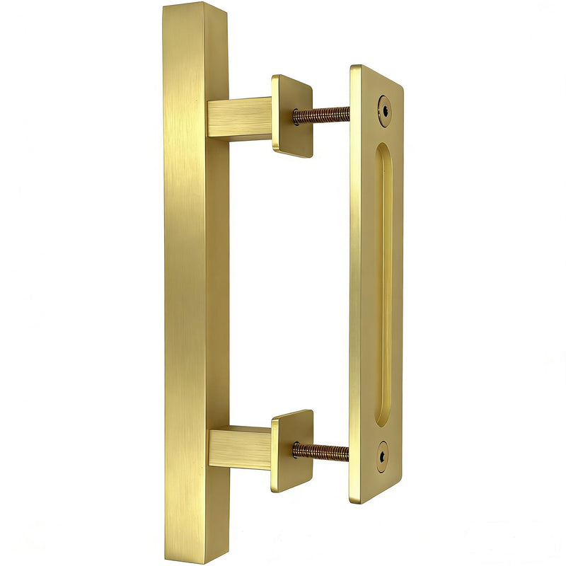 SUYA 12 Inch Satin Gold Square Sliding Barn Door Handle | Heavy Duty Pull and Flush Handle Set, Large Rustic Two Side Design, Fits Kitchen Gate Sheds Garage