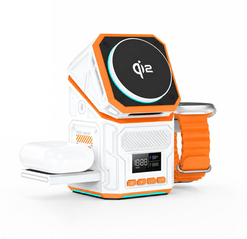 3-in-1 Wireless Charger Stand, Qi2 Certified 15W Fast Charging Station for iPhone 17 Pro, Auto-Rotation Mag-Safe Charger with Active Cooling Fan, Digital Clock & Monitor for Apple Watch, AirPods