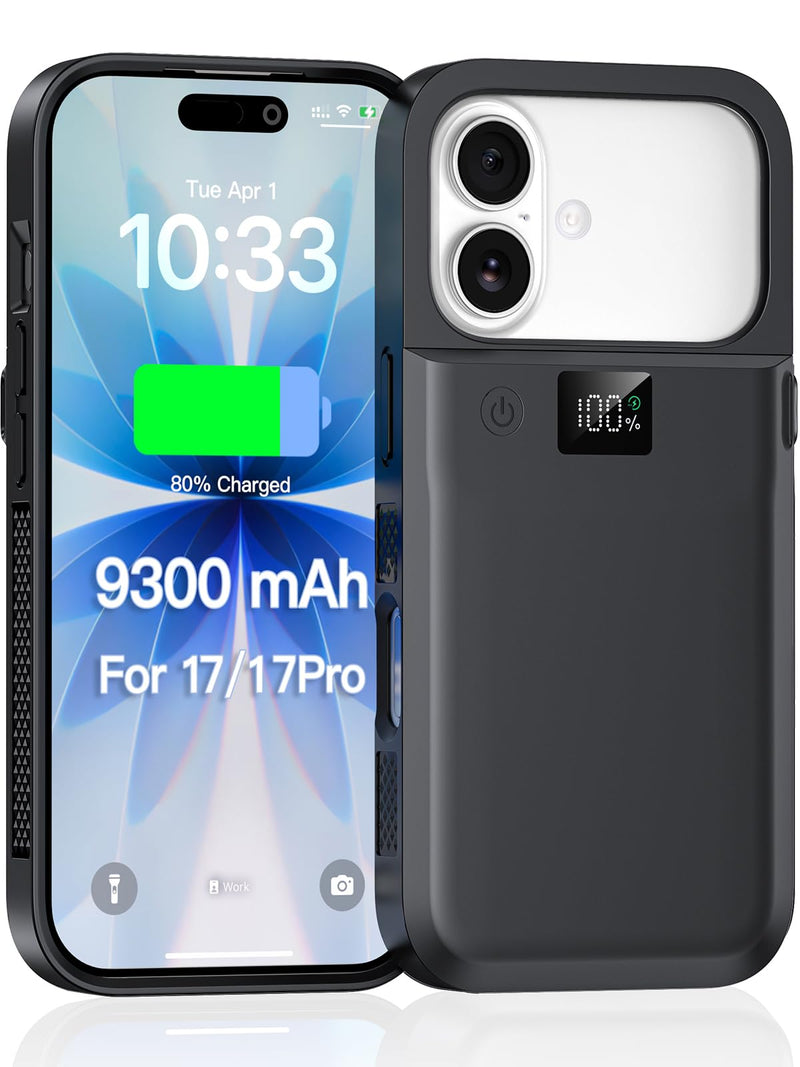 NEWDERY 9300mAh Battery Case for iPhone 17/17 Pro Fast Charging Case Black | Portable Power Bank,USB-C Port, Fast Charging, Protective Rechargeable Charger Case 6.3'' Black