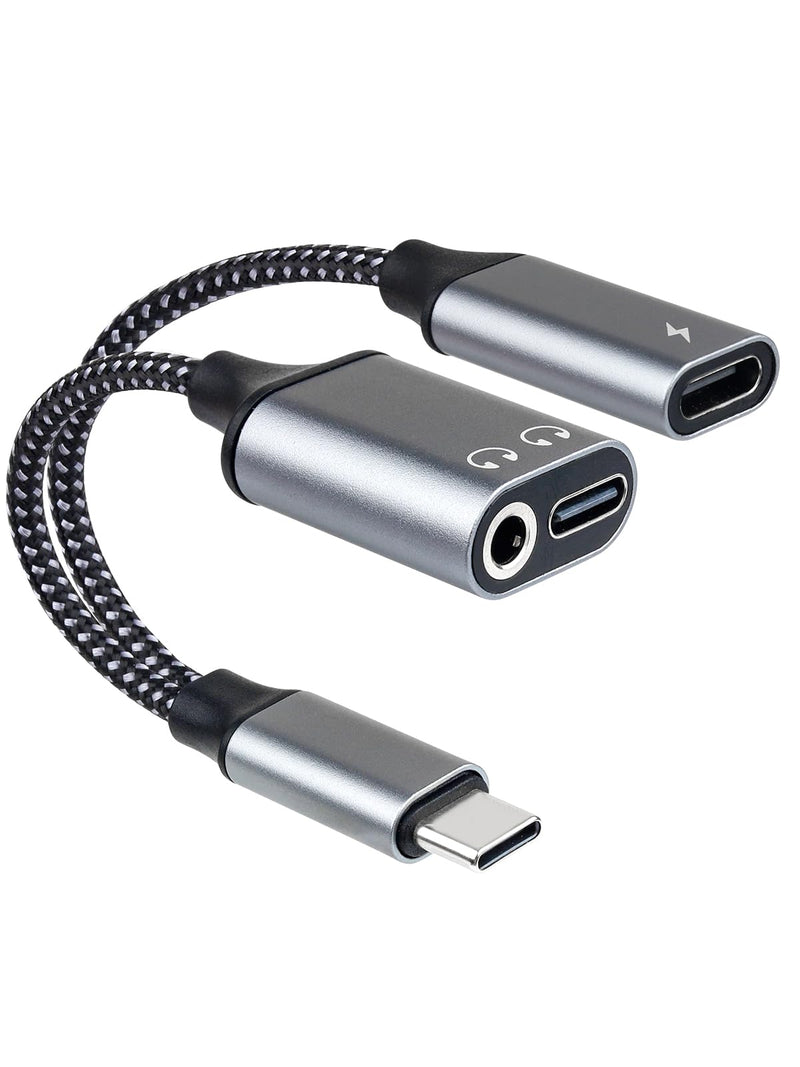 3-in-1 USB-C to 3.5mm Headphone Adapter & Charger, Type-C to Dual USB-C & Aux Audio Splitter with PD Fast Charging & DAC Chip, Compatible with iPhone 16/15 Pro Max, iPad, S24/S23, Pixel (Grey) grey-1