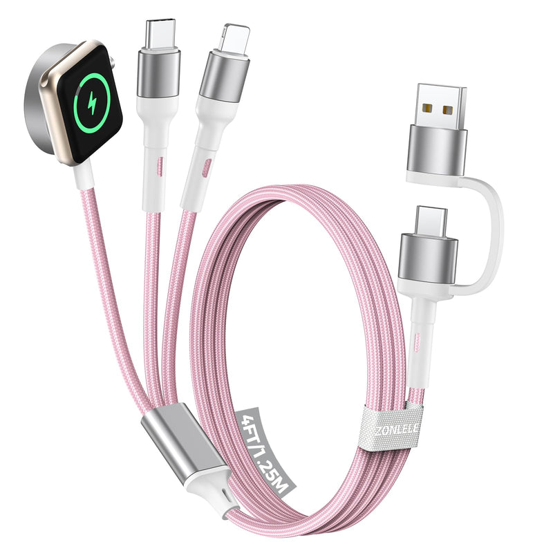 Pink Travel Essentials for Apple Watch Charger,Multi Charging Cable for iPhone 17,iWatch Charger USB C Cord,Car Cruise RV Camping Essentials 2026 for iWatch Ultra/11&iPhone 16/15, Xbox One Cables Pink 4 FT