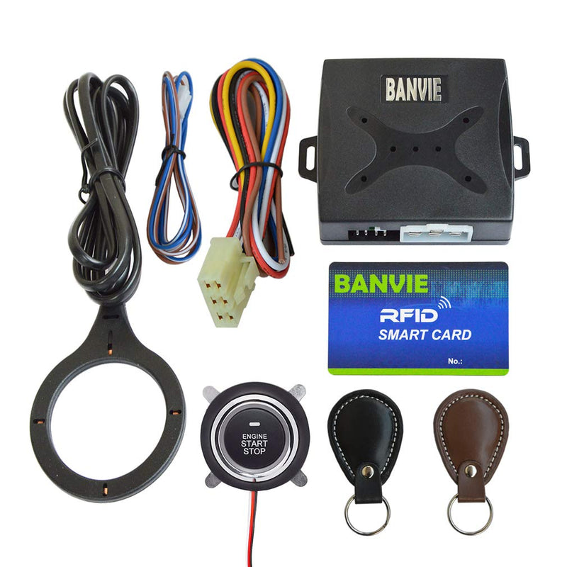 Car RFID Alarm System Push to Engine Start Stop Button for Security Anti-Thief (Leather RFID Key)