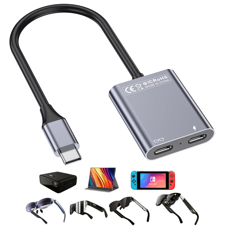 USB C to Glasses Charging Adapter, 100W PD Charge & Play for AR Glasses, 4K@60Hz Video Output for XREAL/Viture/Rokid/RayNeo, Steam Deck, ROG Ally, Switch (Not Switch 2), PS5, Xbox, Mac, Laptops