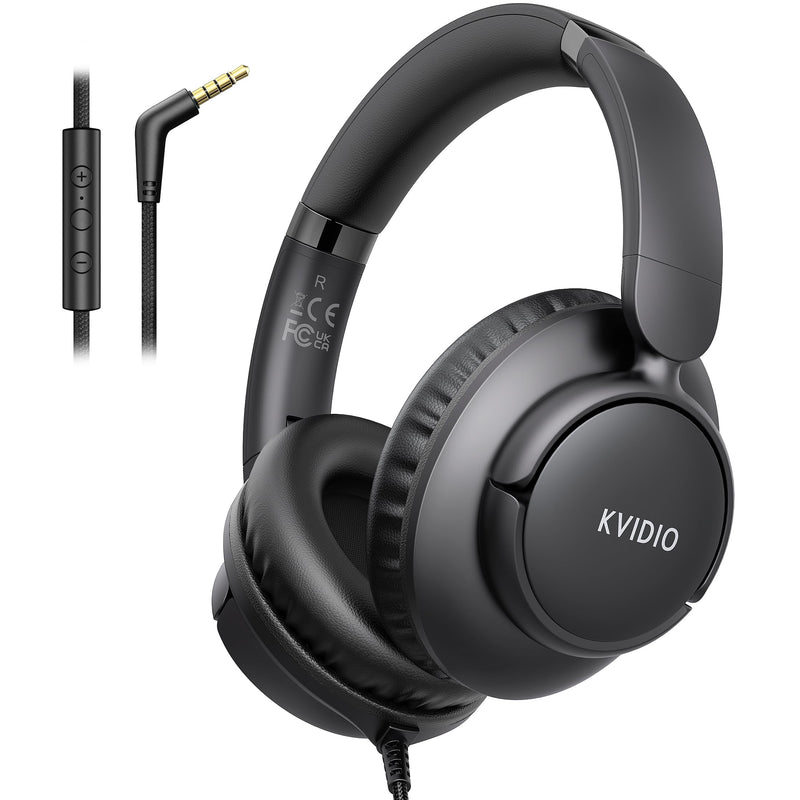 KVIDIO Wired Headphones with Microphone, Over Ear Lightweight Foldable 3.5mm Plug in Corded Headphones Wired with Volume Control, 4.9ft Tangle-Free Cord for Tablet Laptop MP3/4 School Travel Black