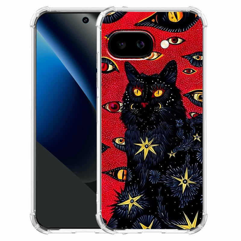Case for Google Pixel 10a with Hippie Art Design,Trippy Cute Cool Black Cat Pattern,Clear Slim Soft TPU Bumper Phone Cover,6.3”(Cat,P10a)