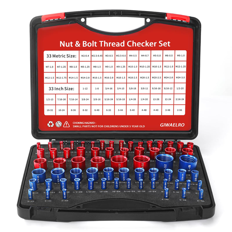Nut and Bolt Thread Checker - 66 PCS Nut and Bolt Gauges Individually Housed in Case (33 Inch & 33 Metric) Specially Suitable for Size Check on Tricky and Narrow Area 66 Gauges - 33 Inch & 33 Metric