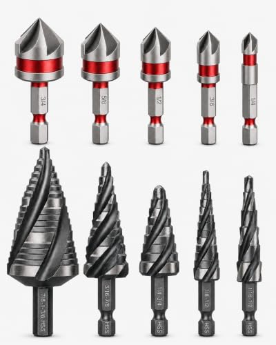 4 Spiral Flute Step Drill & Countersink Bits Set for Sheet Metal 1/8"-1-3/8" (10Pcs)