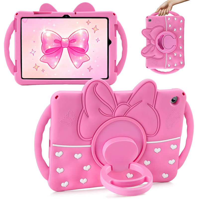 SAMONPOW for Galaxy Tab A11+ Plus Case 11 Inch Galaxy Tab A9 Plus Kids Case | Cute Bow Heart Silicone Cover Samsung Galaxy Tab A11+/A9+ Tablet Case 2025/2023 for Girls Teen with Rotating Stand Handle Hot Pink for Samsung Galaxy Tab A11+/A9+ Plus