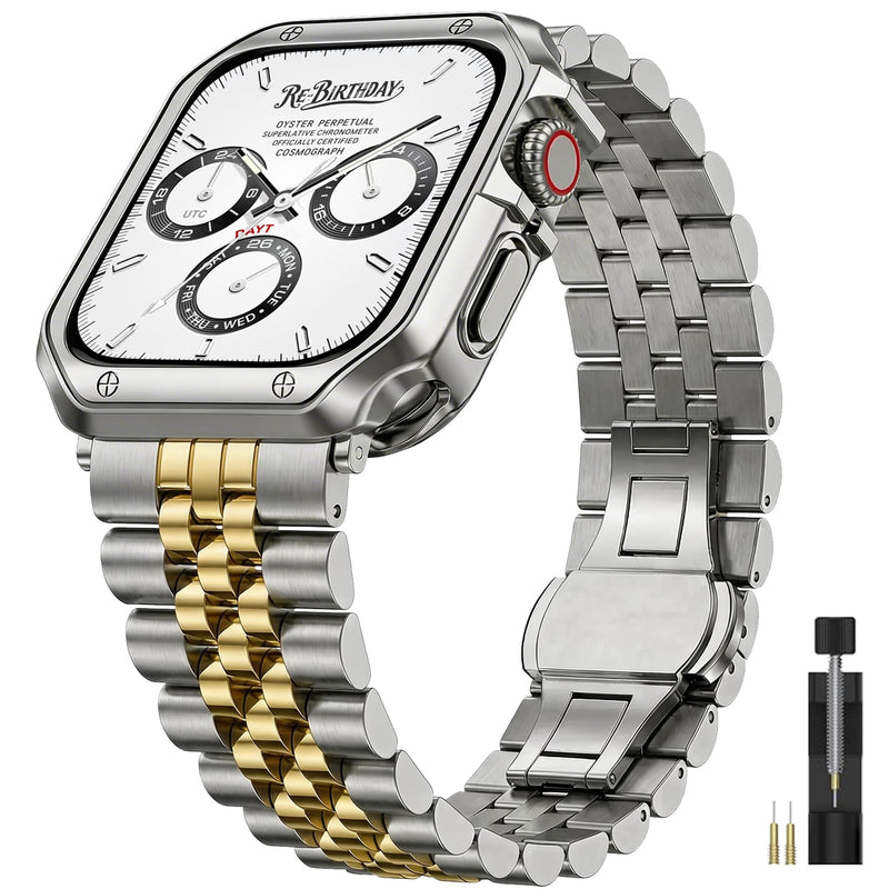 Metal Band with Case Compatible with Apple Watch 42mm Series 11/10, Stainless Steel Link Bracelet Strap with TPU Bumper Cover for Men Women, Gold Silvery+Gold 42mm(Series 11/10)