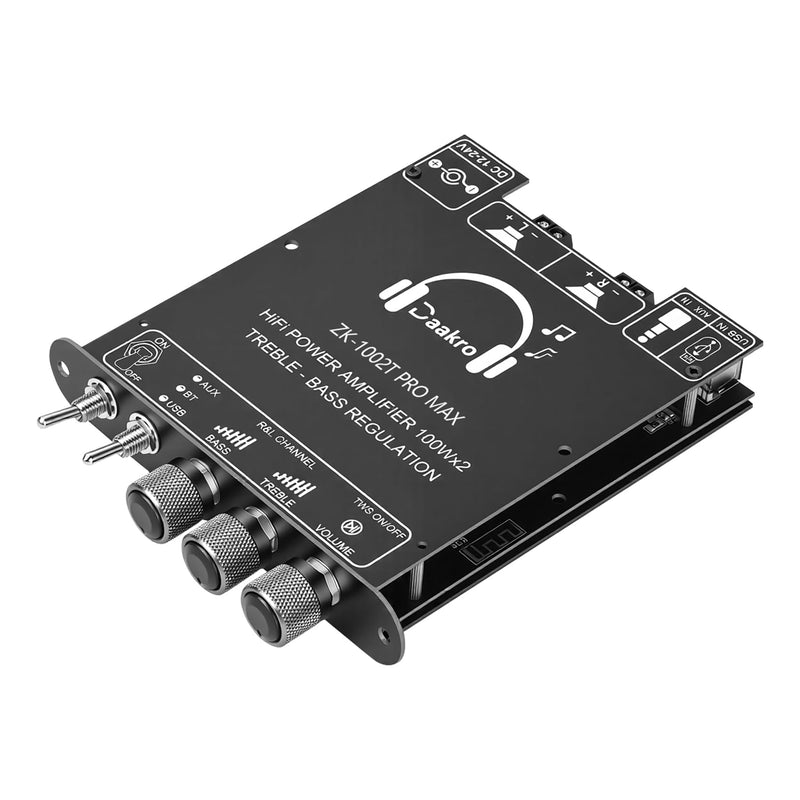 Daakro ZK-1002T Pro Max 2.0 Channel Bluetooth 5.3 Amplifier Board 100W+100W HiFi Audio AMP with Treble and Bass, TWS,BT USB and AUX Inputs, DC 12-24V 2.0 Channel Stereo AMP Module for DIY Speakers