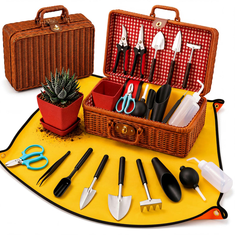 Repotting Mat and Planting Tools for Indoor Plants with Pruning Shears, Wicker Basket for Succulents and Houseplants, Plant Gift for Women and Men