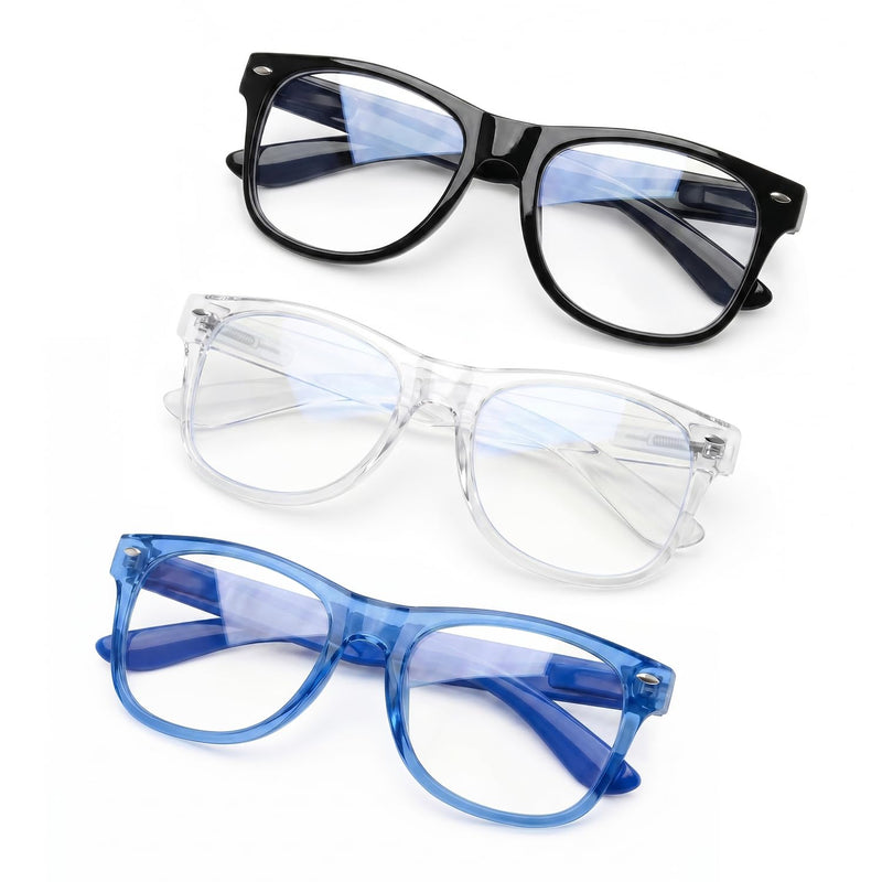 Kids Blue Light Blocking Glasses, Square Frame, Ages 3-8 (3 Pack) | UV & Eye Strain, Anti-Glare & Lightweight Eye Protection for Girls Boys, Ideal for Computers, Tablets & Handheld Gaming A1 Black+transparent+dark Blue Clear Age 3-8