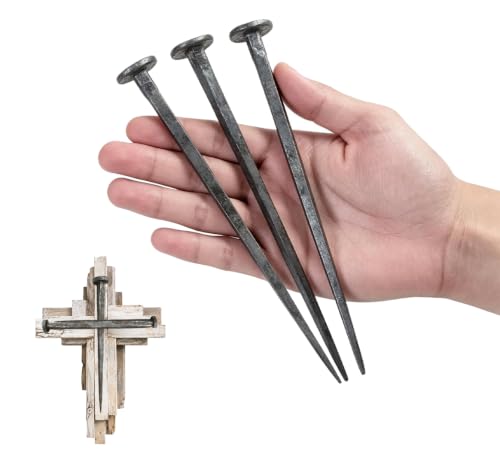 3 Pcs Hand Forged Crucifixion Nails, Wrought Iron Nails for Jesus Cross, Religious Decor & Easter Displays, Flat Head Nails with Natural Rust & Forged Oxide Layer, Original Grey Iron Finish 1