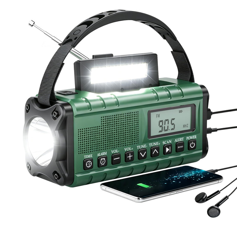 10000mAh/37000mWh Emergency Radio-Weather Radio Portable AM FM Auto Scan with Solar Panel/Hand Crank/AC Input Rechargeable Battery with Flashlight Reading Lamp SOS Siren for Indoor/Outdoor Emergency Green