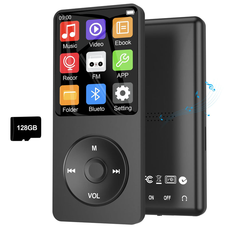 Pocket 128GB MP3 Player with Bluetooth 5.3, Mini 1.8-Inch Music Play Built-in HiFi Speaker,Portable MP4/MP3 Player for Kids with Music,Video,FM Radio, E-Book Reader, Voice Record, Photo Viewer, Black