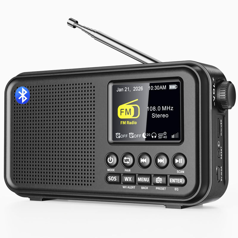 Eoxsmile Portable FM Radio with Bluetooth, NOAA Weather Alert, 40 Presets | Rechargeable 3000mAh Battery, Dual Alarms, Sleep Timer & MicroSD Playback, Digital Radio for Home, Bedside, Kitchen & Travel Black