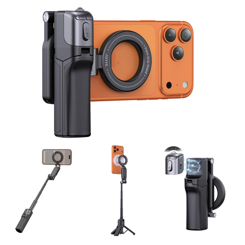 [3 in 1] Magnetic Phone Camera Shutter Grip, Extendable Selfie Stick & Tripod Portable for Magsafe iPhone & Android with Detachable Wireless Shutter Button Remote Control Ergonomic Handle - Black