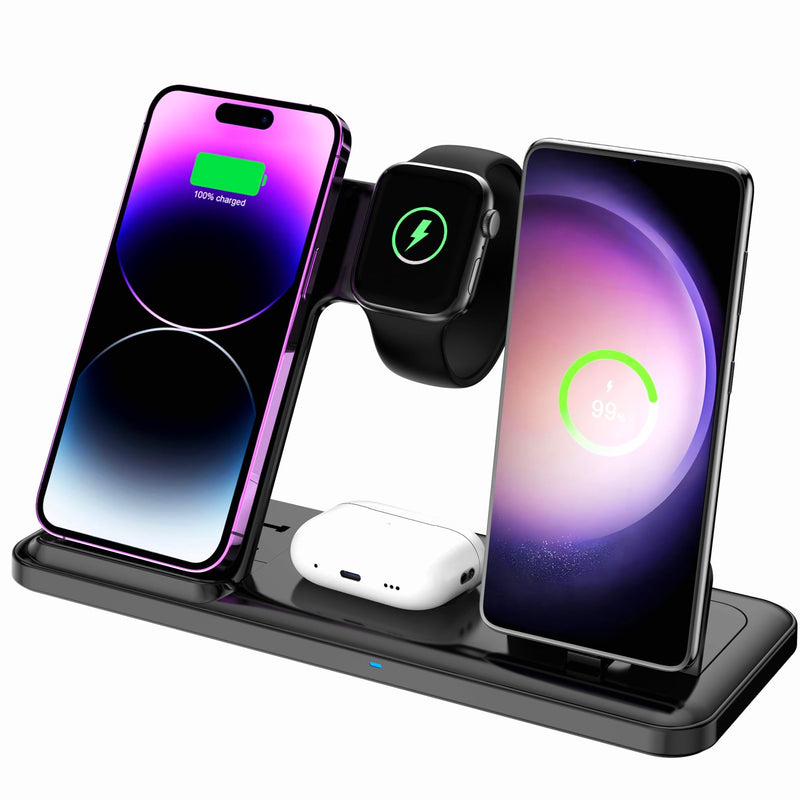 Wireless Charger for Dual iPhones, 4 in 1 Foldable Fast Charging Station for iPhone17/16/15/14/13/12 Pro Max Plus,for samsang Devices,Charging Stand for Apple Watch 11/10/9/8/2-7 AirPods Black