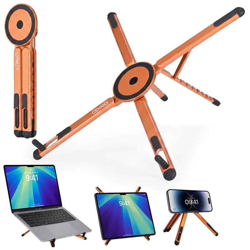 3-in-1 Magnetic Foldable Laptop Stand and Phone Stand for Desk Aluminum Alloy Adjustable Holder 10–16” Laptops & 4–13” Phones/Tablets, Magnetic Compatible with iPhone Android, Orange