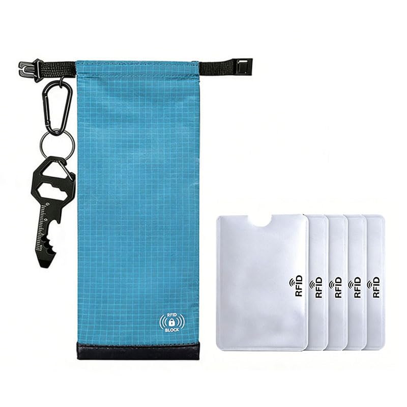 RFID Blocking Phone Pouch,5 RFID Card Sleeves &1 Tool Card Carabiner, Blue | Made of lightweight nylon, it blocks GPS signals to prevent tracking and data theft for privacy protection.