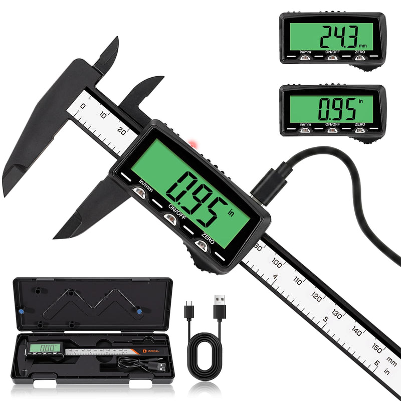 HARDELL Rechargeable Digital Caliper 6", Plastic Calipers with High-Contrast Green Screen (Non-Backlight), Inch/MM, Auto-Off - Everyday Measuring Tool for Woodworking, DIY, Jewelry Making & Household